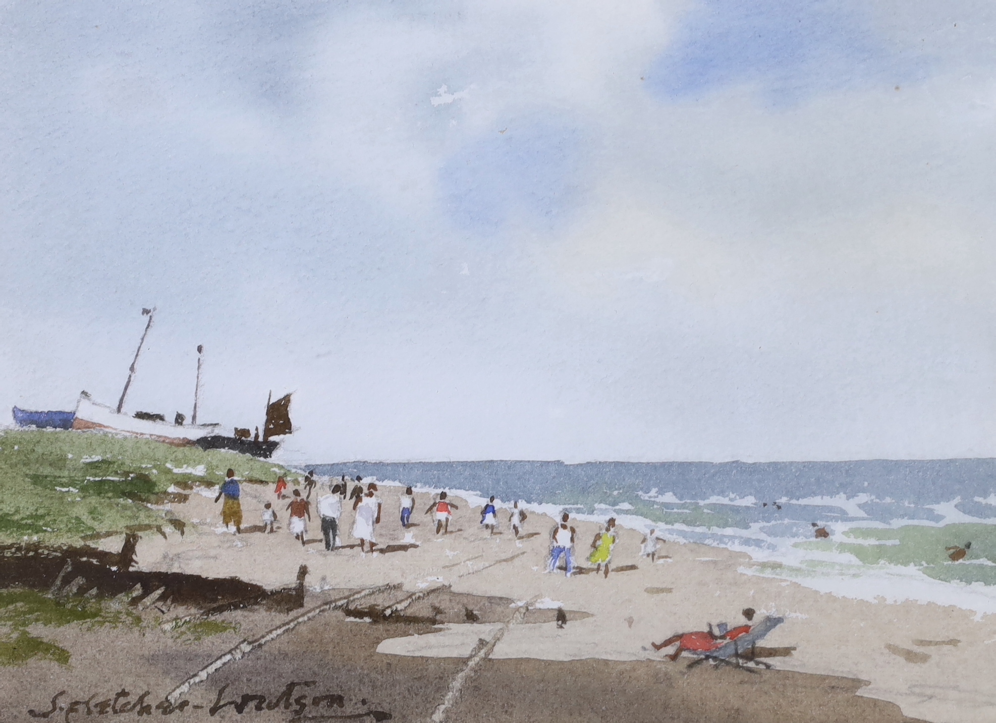 James Fletcher-Watson R.I. (1913-2004), watercolour, Norfolk beach scene, signed and dated 1989, Chris Beetles label verso, 14 x 19.5cm